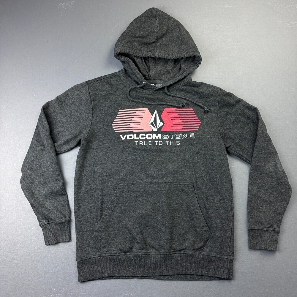 Volcom Hoodie Men's Small Gray Pullover Graphic Logo Fleece Skater Sweatshirt